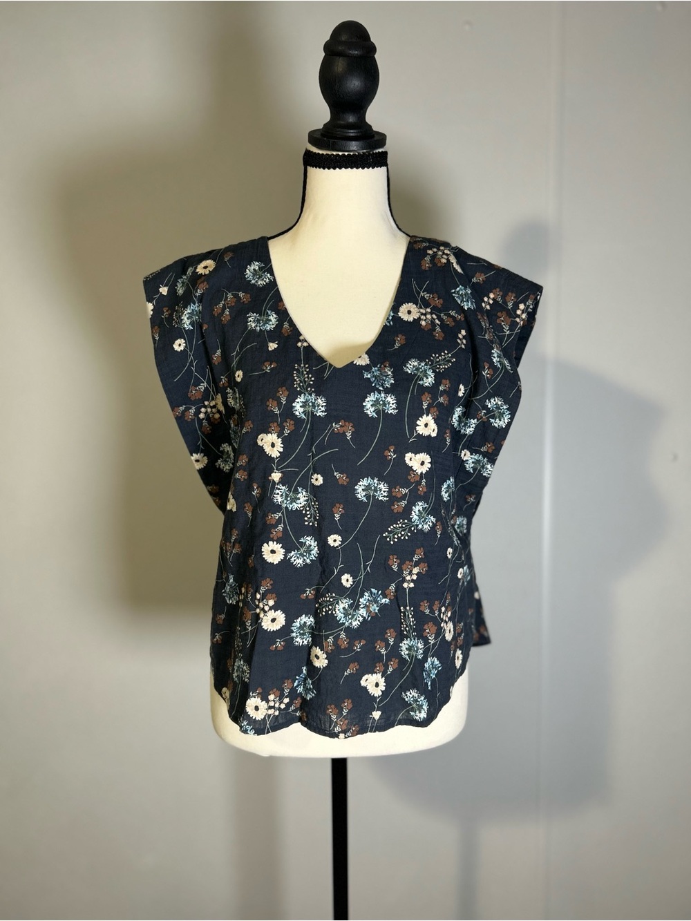 a.n.a Navy Floral V-Neck Flutter Sleeve Top